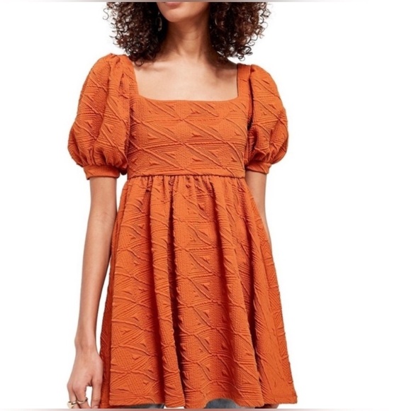 FREE PEOPLE Babydoll SUNSET Sz Large Back Cut Out Bow PUFF Sleeves A-line Dress - Picture 2 of 16